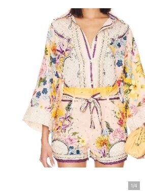 Agua Bendita Chrissy Floral Tie-Waist Short Set in Yellow & Blue (S/M)